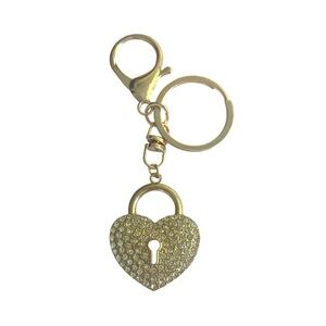 Heart lock with rhinestone bag charm or keychain gold or silver